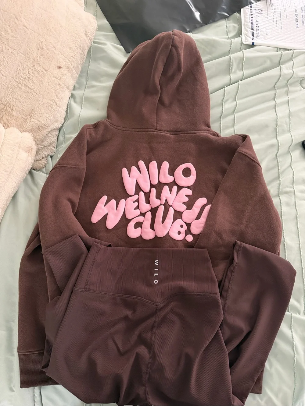 Wilo Wellness Club Brown Hoodie with Pink Logo and brown ribbed leggings! - Picture 3 of 5